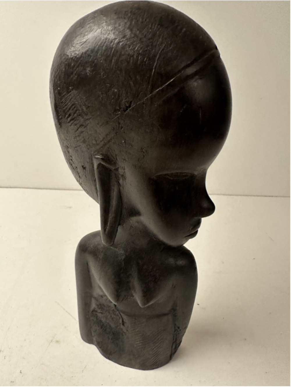Vintage Hand Carved Black Hardwood Abstract Bust Statue Sculpture Mid Century